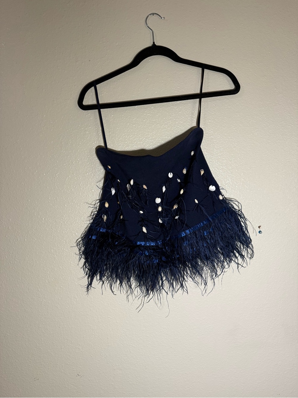 STAUD Kristin Ostrich Feather & Shell Strapless Navy Midi Set, TOP & SKIRT - Picture 8 of 11